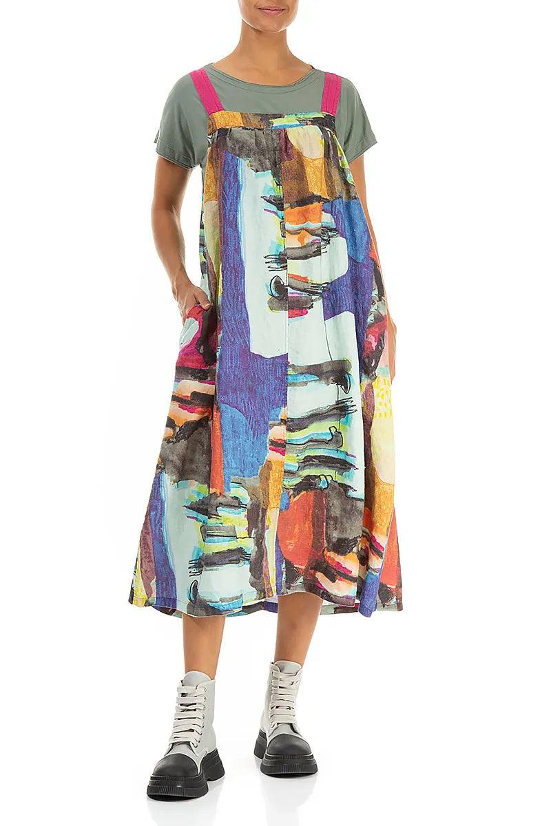 Flared Abstract Linen Pinafore Dress 5