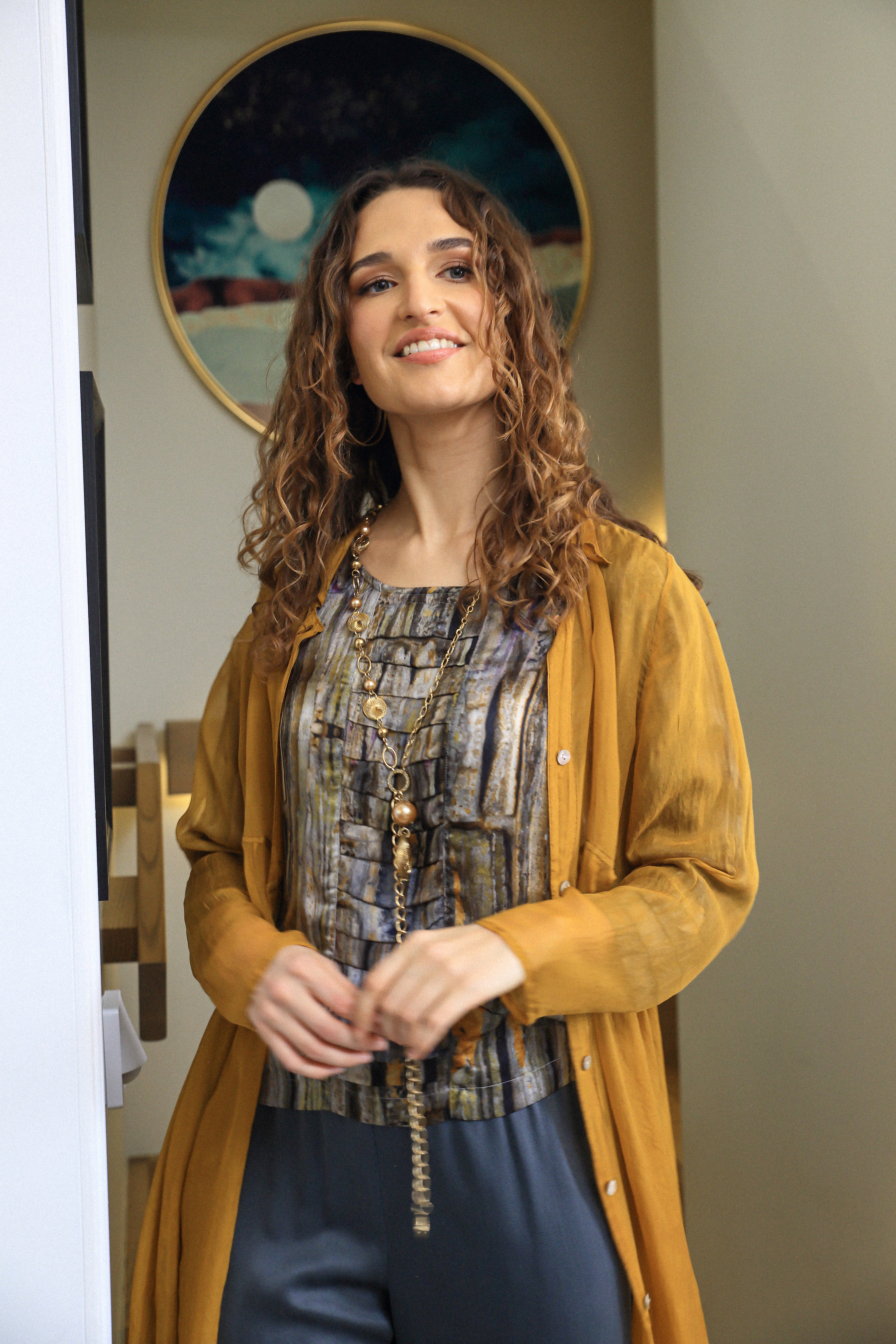 Abstract Woodland Pintuck Silk Blouse 6