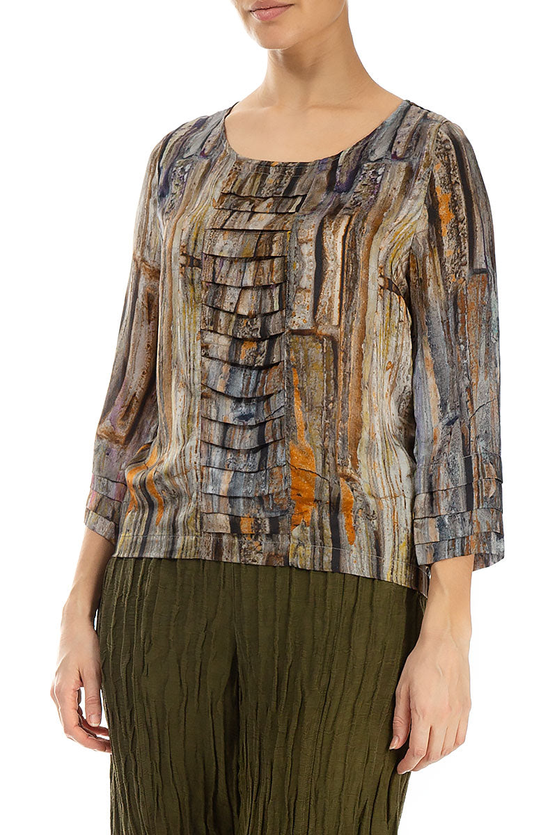 Abstract Woodland Pintuck Silk Blouse 3