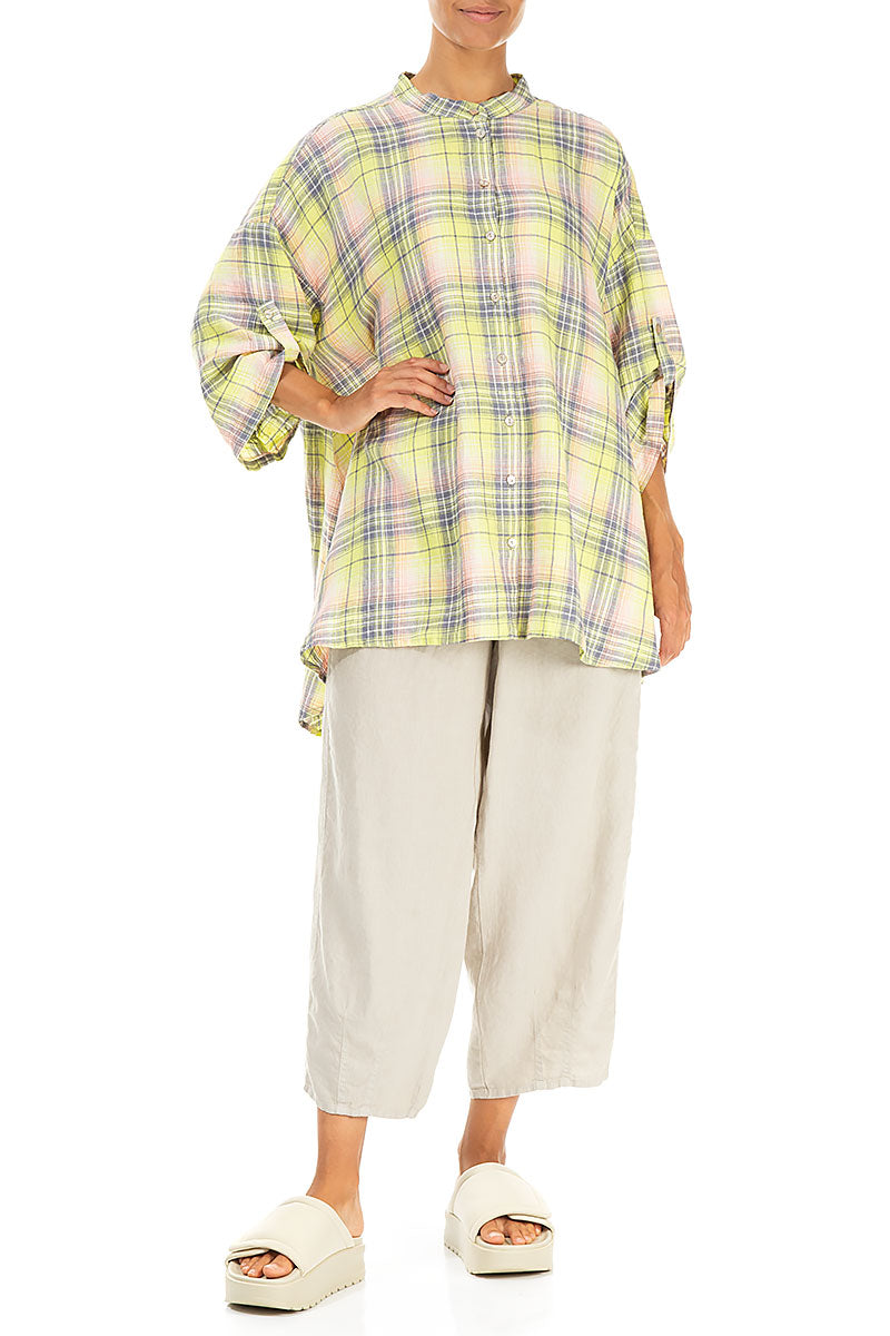 Adjustable Sleeves Checkered Lime Linen Shirt 4