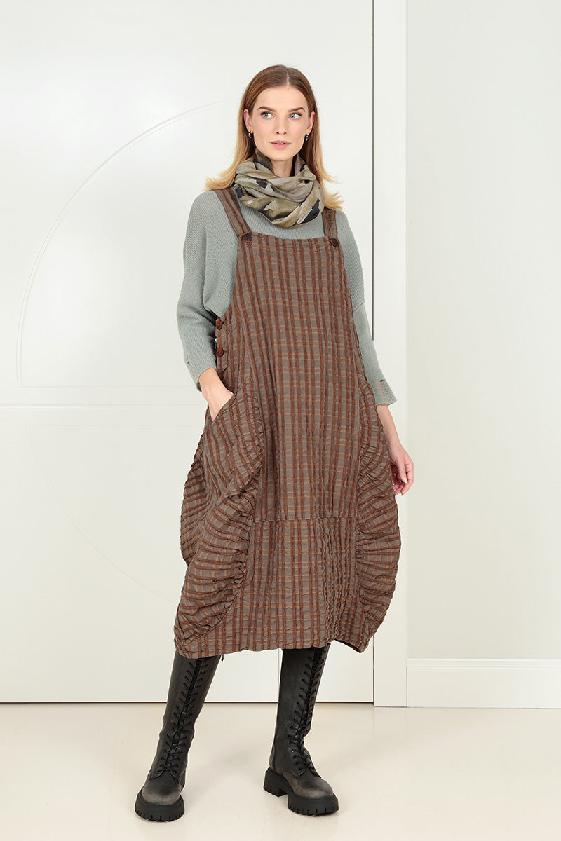 Aged Copper Checkered Linen Cotton Pinafore Dress