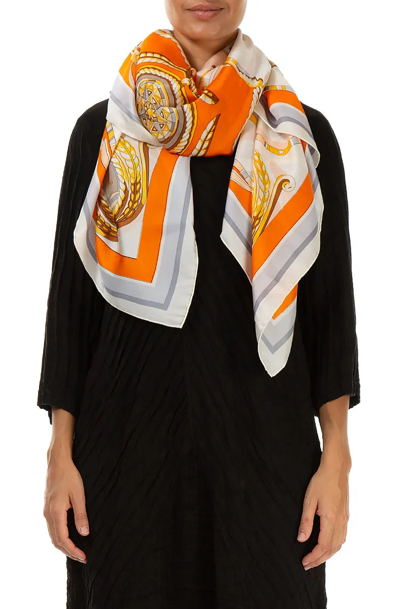 Antique Printed Beige Orange Tones Silk Scarf