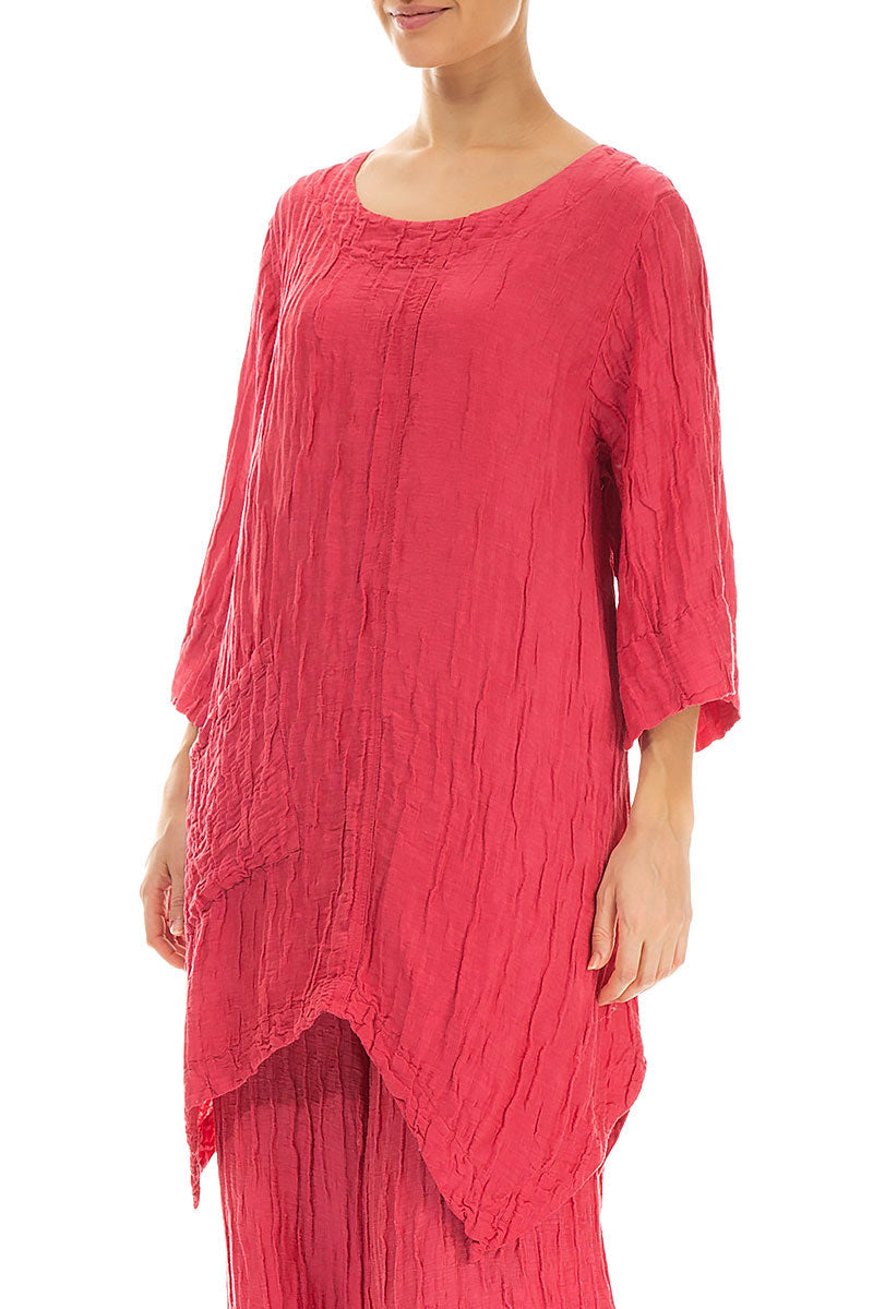 Asymmetric Crinkled Raspberry Silk Linen Tunic 3