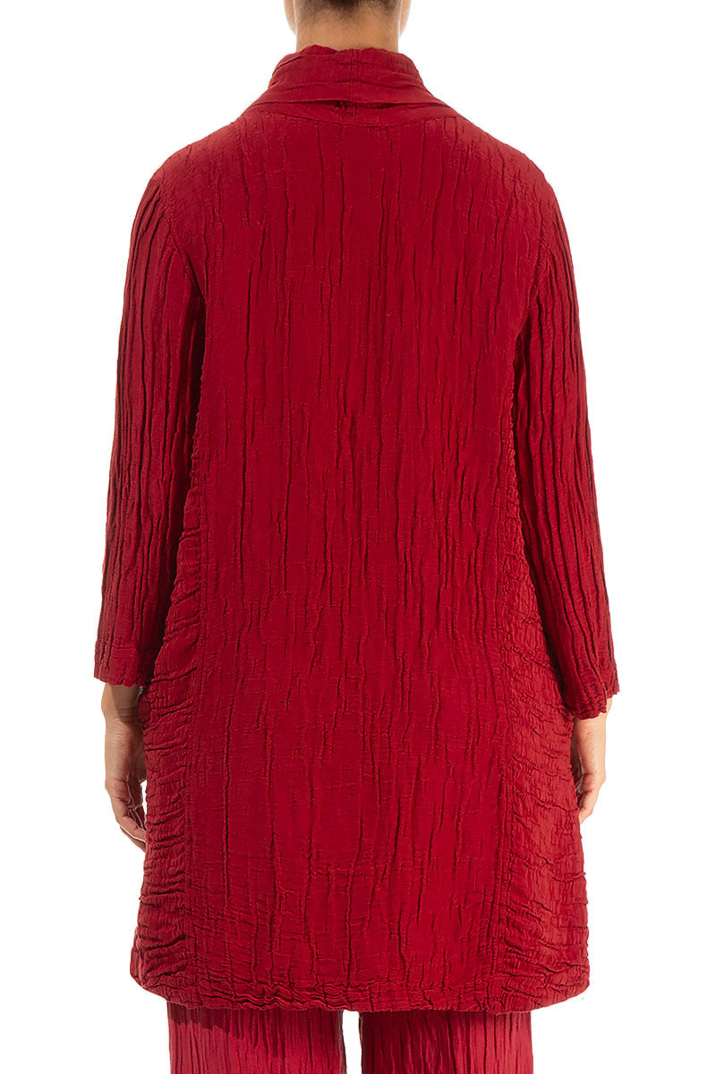 Asymmetric Cowl Neck Crinkled Red Silk Linen Tunic 2