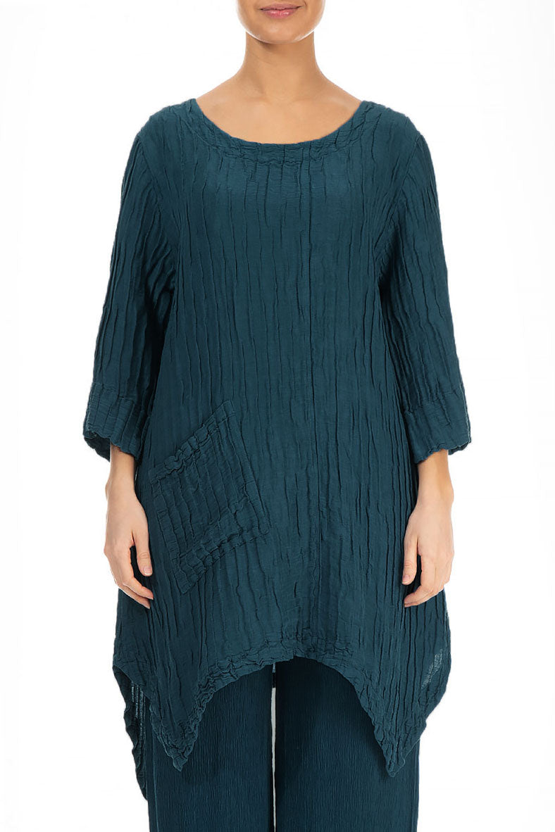 Asymmetric Crinkled Dark Teal Silk Linen Tunic 1