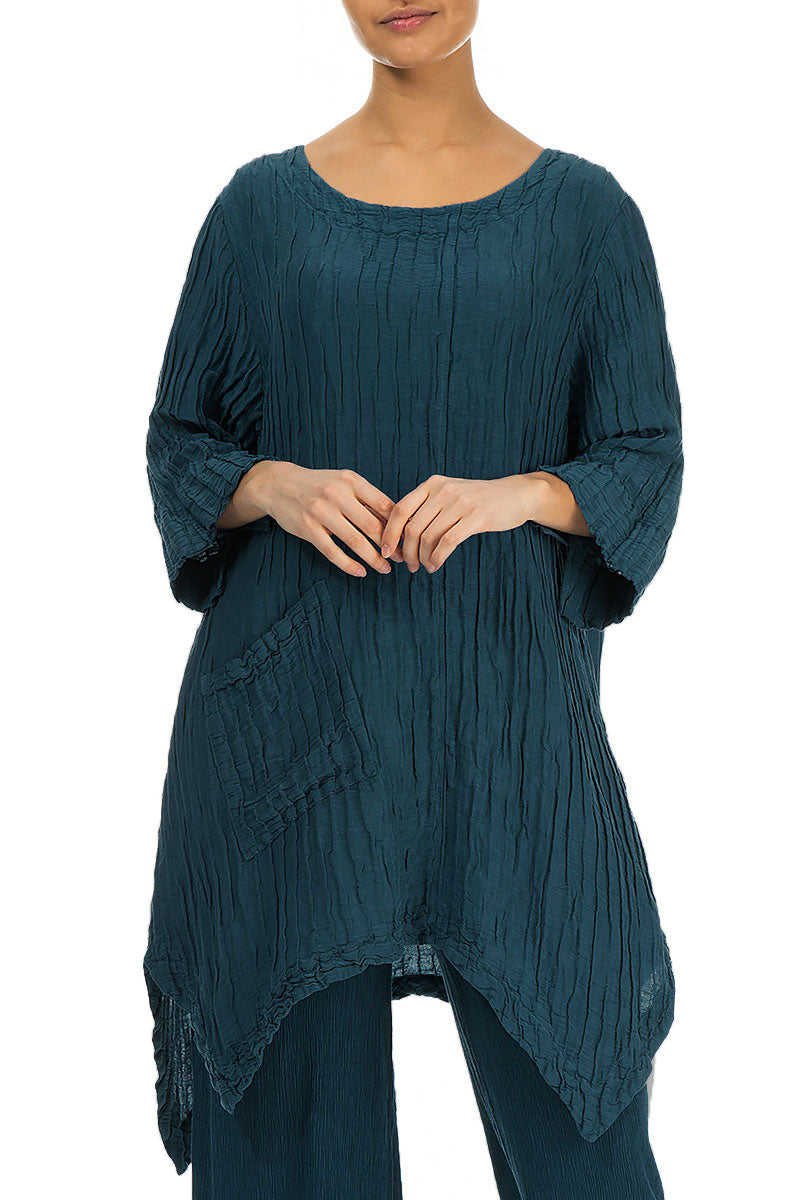 Asymmetric Crinkled Dark Teal Silk Linen Tunic 3