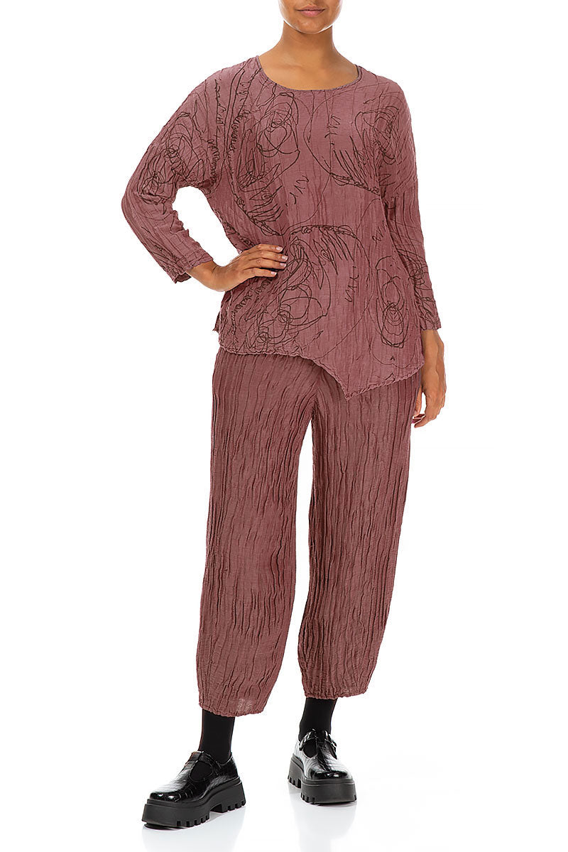 Asymmetric Crinkled Dusty Rose Abstract Draw Silk Blouse 4