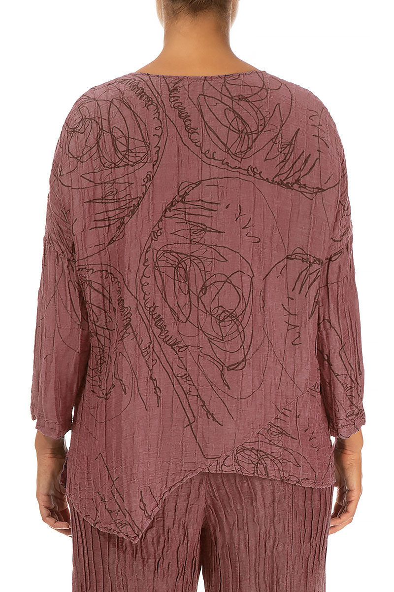 Asymmetric Crinkled Dusty Rose Abstract Draw Silk Blouse 2