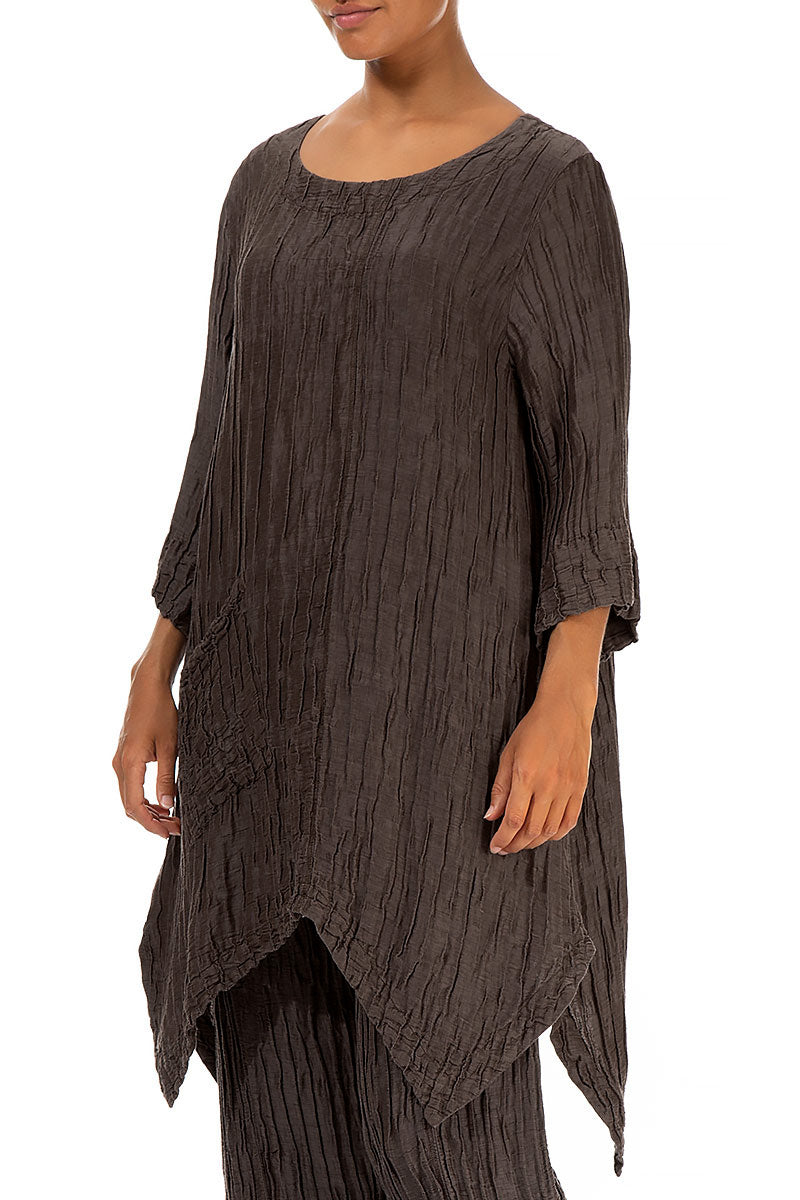Asymmetric Crinkled Forest Brown Silk Linen Tunic 3