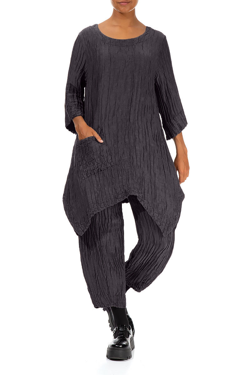 Asymmetric Crinkled Graphite Blue Silk Linen Tunic 4
