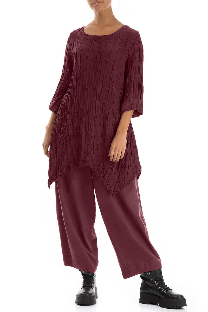 Asymmetric Crinkled Merlot Silk Linen Tunic 4