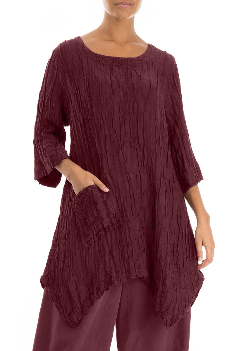 Asymmetric Crinkled Merlot Silk Linen Tunic 3