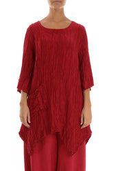 Asymmetric Crinkled Cherry Red Silk Linen Tunic 1