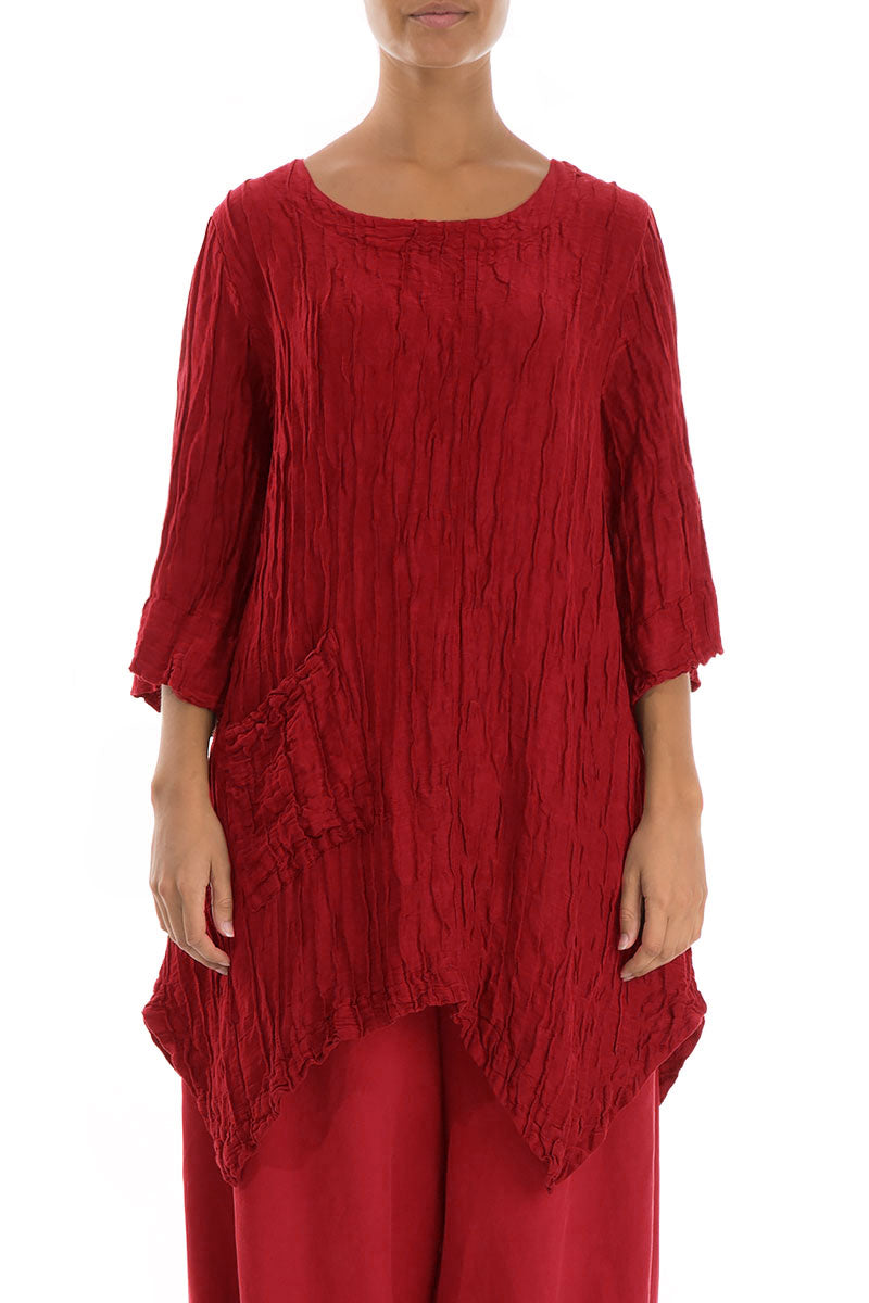 Asymmetric Crinkled Red Silk Linen Tunic 1
