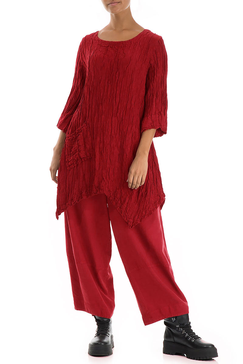 Asymmetric Crinkled Red Silk Linen Tunic 4