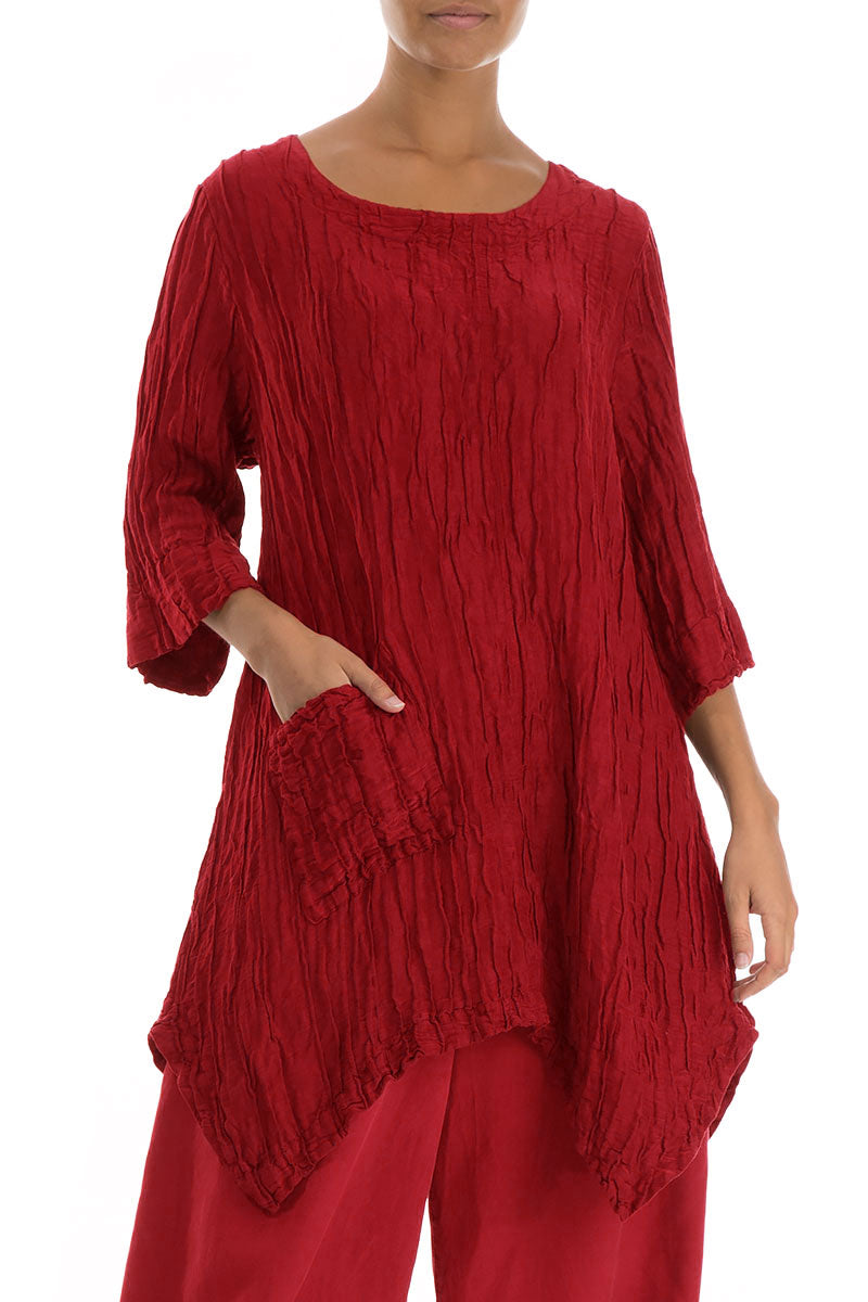 Asymmetric Crinkled Cherry Red Silk Linen Tunic 3