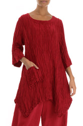 Asymmetric Crinkled Cherry Red Silk Linen Tunic 3