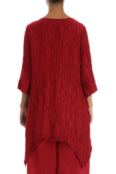 Asymmetric Crinkled Cherry Red Silk Linen Tunic 2