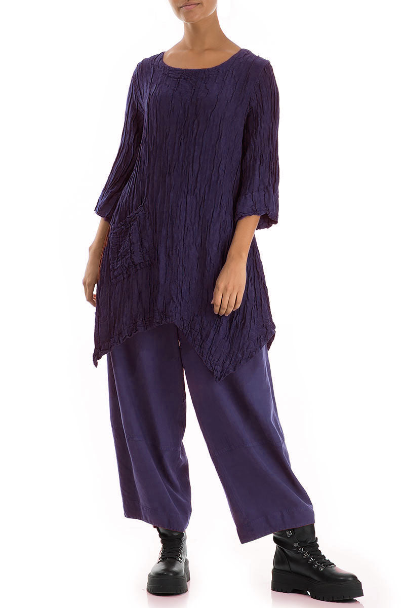 Asymmetric Crinkled Royal Purple Silk Linen Tunic 4