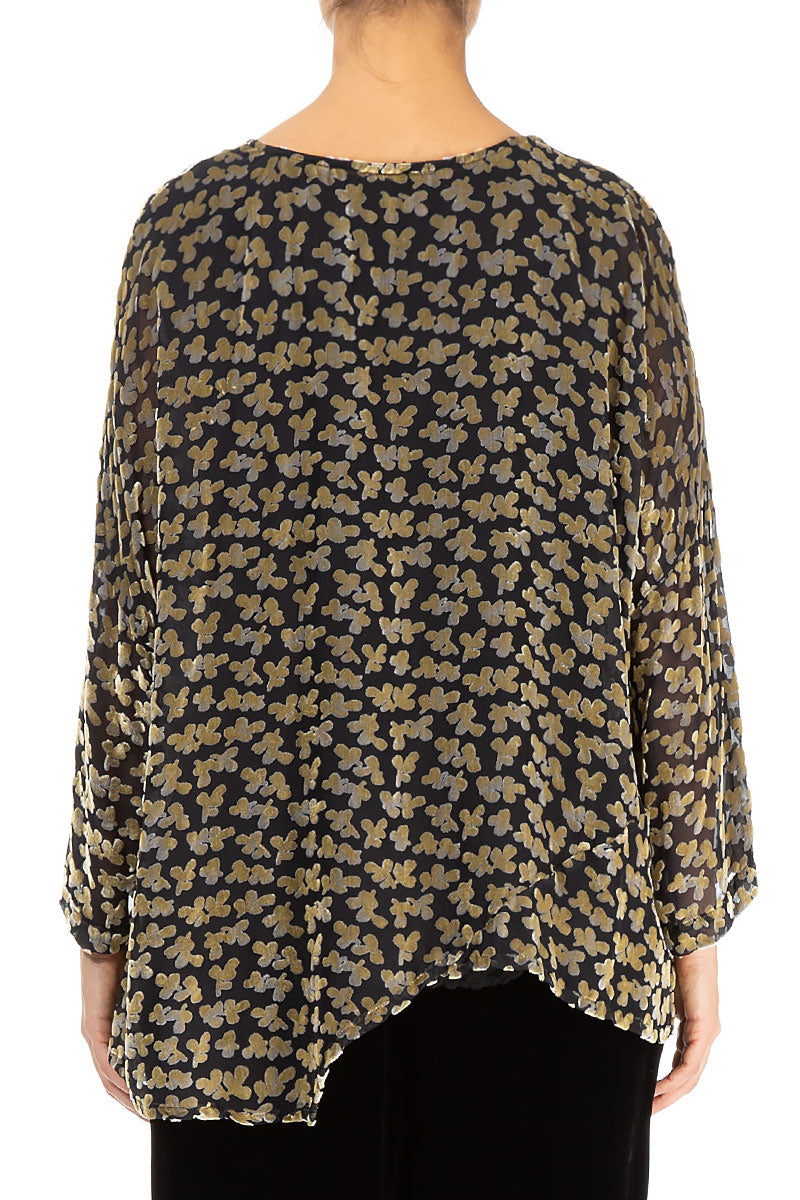Asymmetric Devoré Petals Gold Silk Velvet Blouse 2