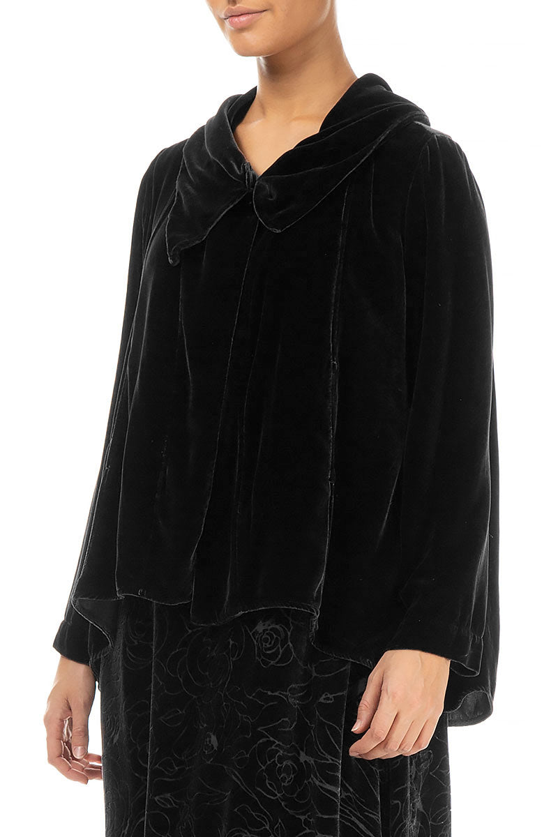 Asymmetric Single Button Black Silk Velvet Jacket 3