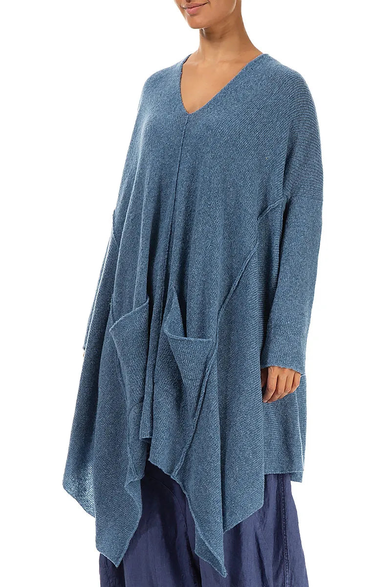 Asymmetric V-Neck Petrol Blue Wool Jumper 3