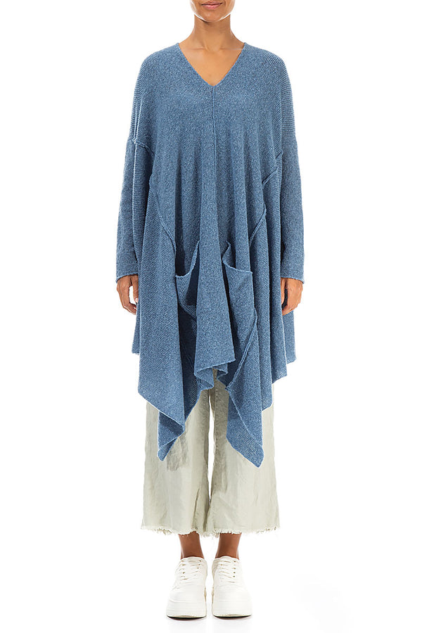 Asymmetric V-Neck Petrol Blue Wool Jumper