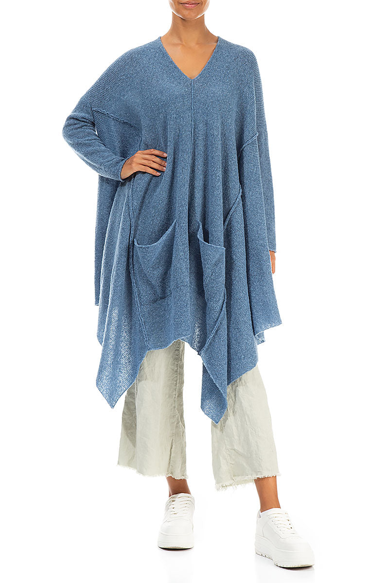 Asymmetric V-Neck Petrol Blue Wool Jumper 4