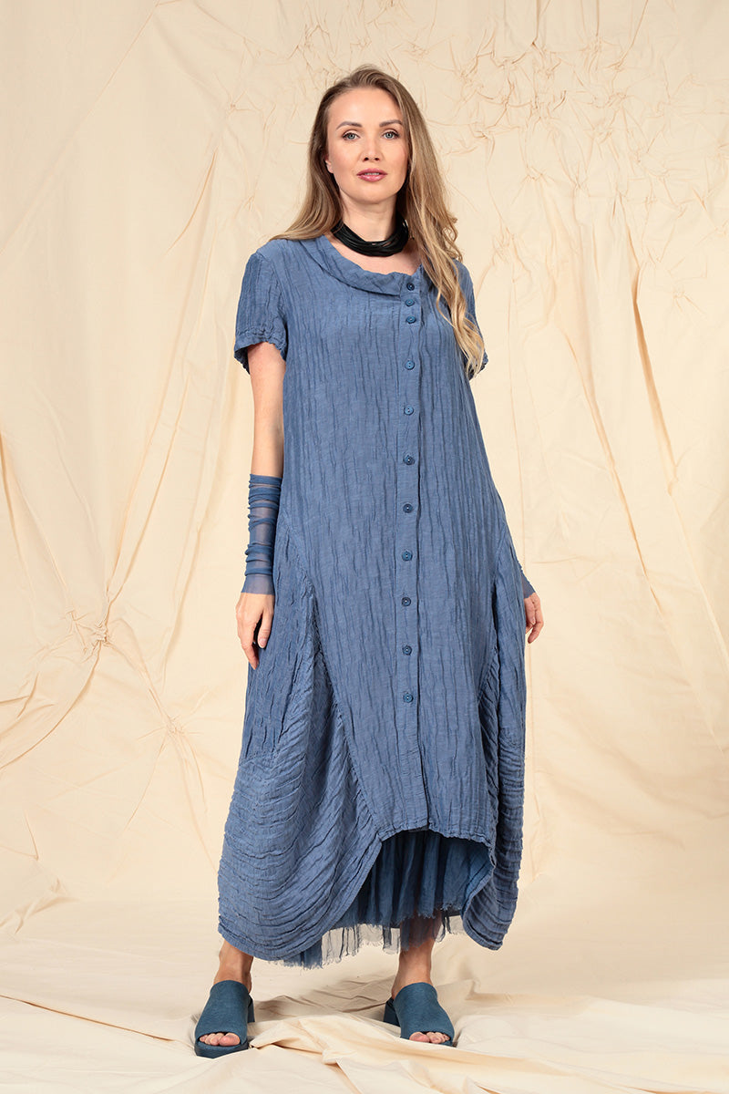 Buttoned Balloon Crinkled Blue Nova Silk Dress 6