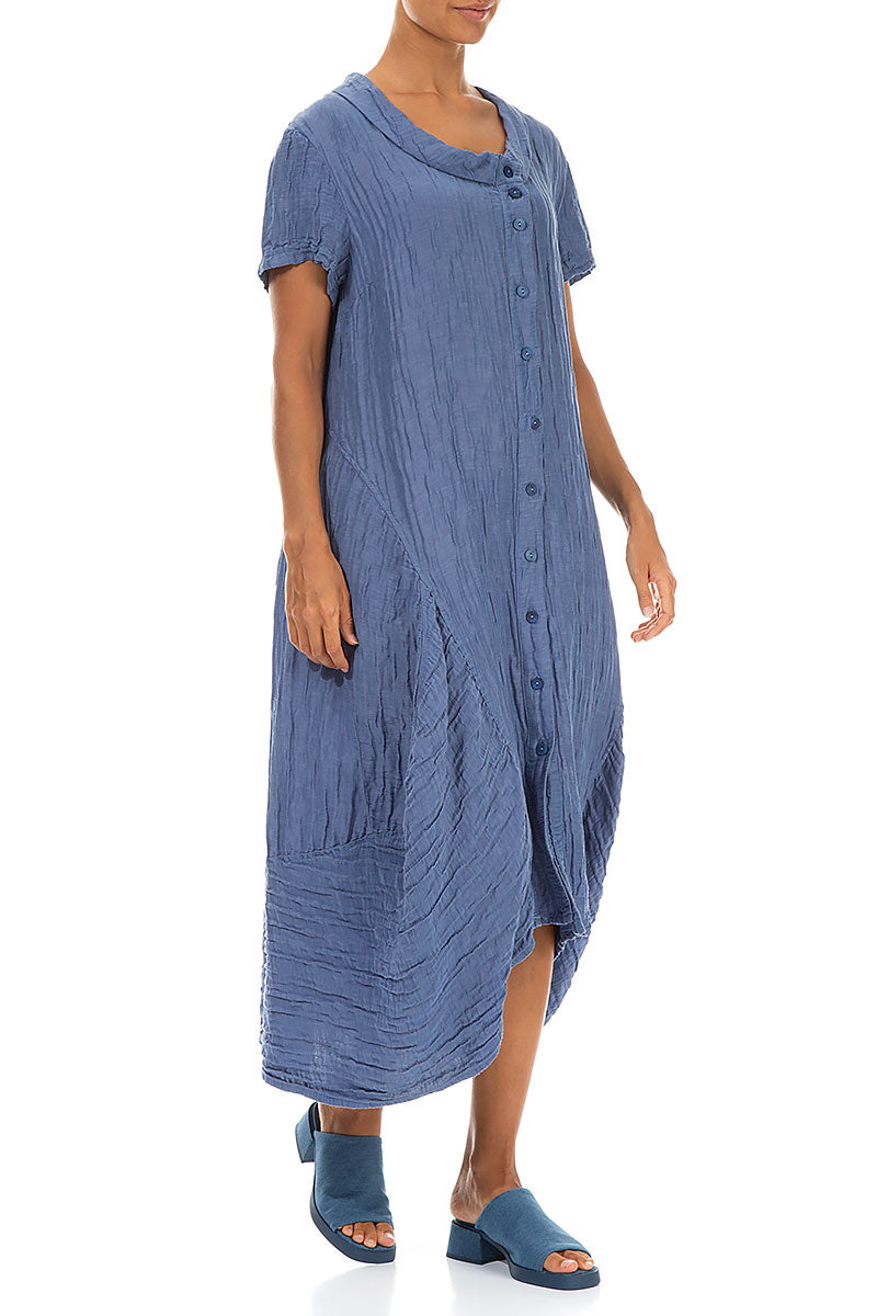 Buttoned Balloon Crinkled Blue Nova Silk Dress 3