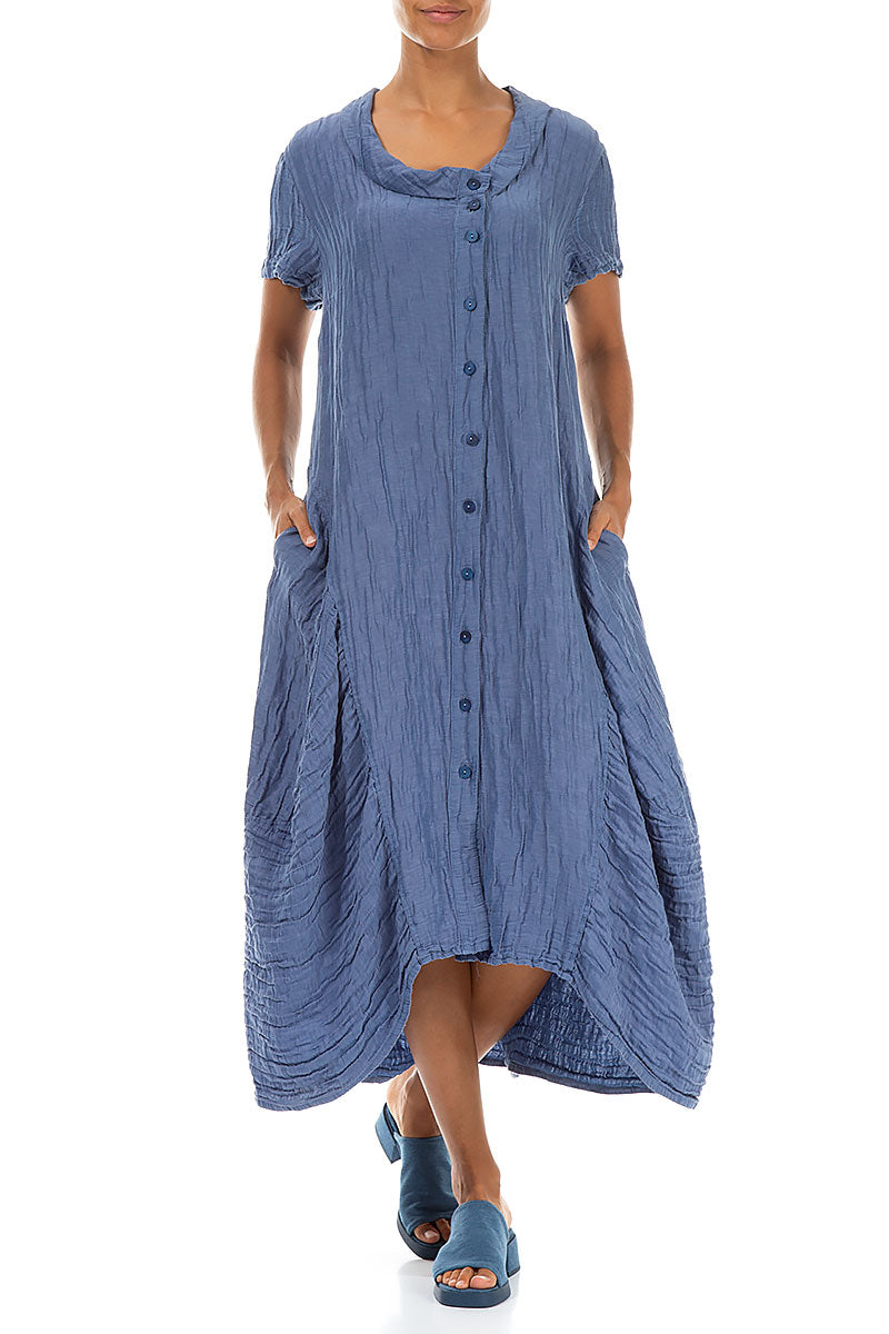 Buttoned Balloon Crinkled Blue Nova Silk Dress 4