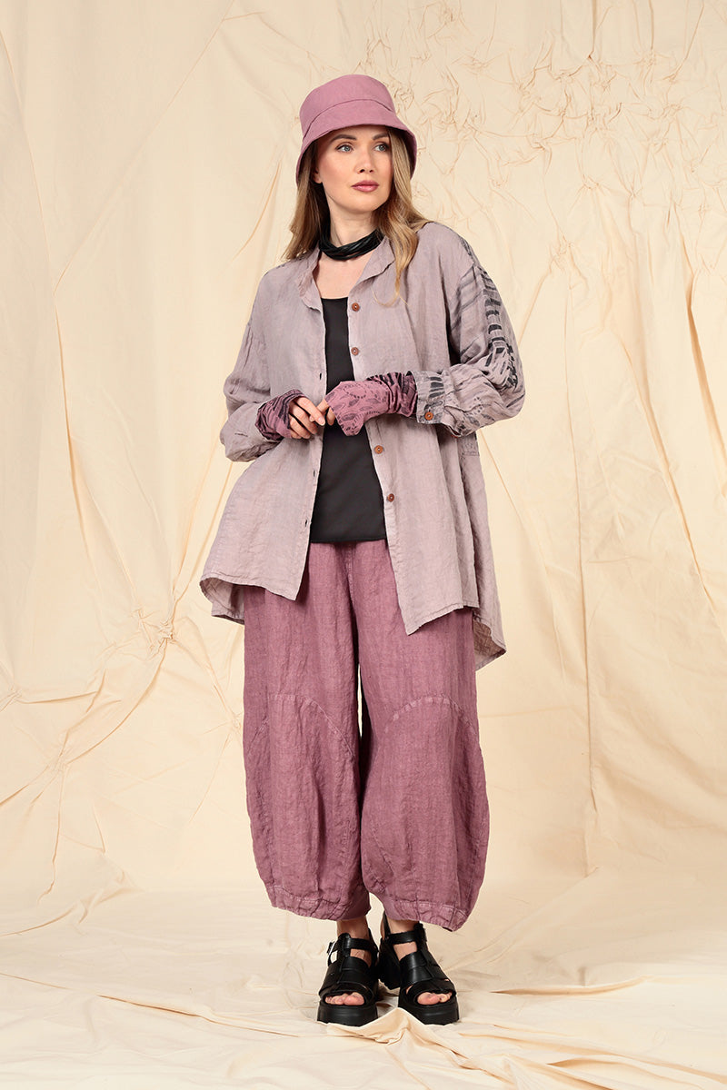 Asymmetrical Greige Printed Back Linen Shirt 7