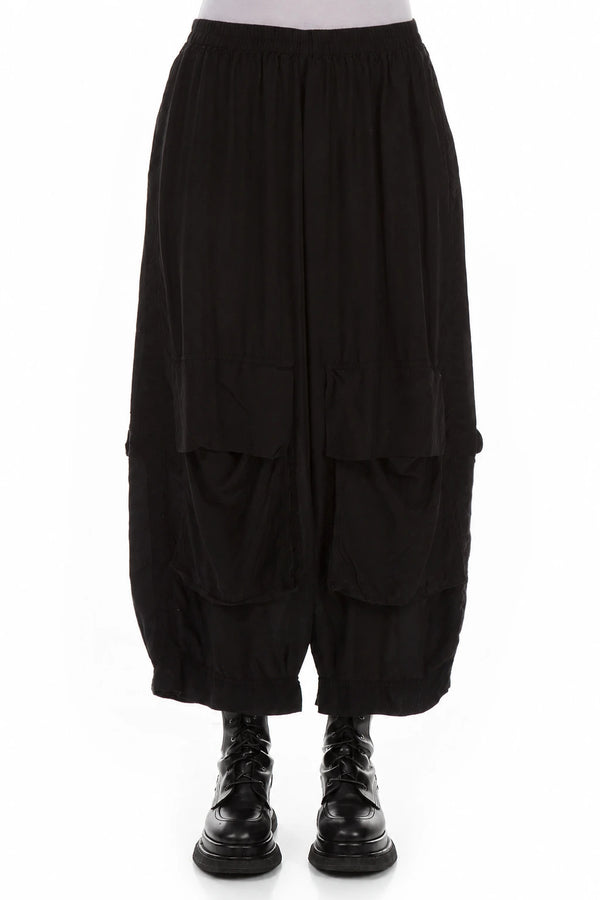 Baggy Pockets Black Silk Bamboo Trousers 1