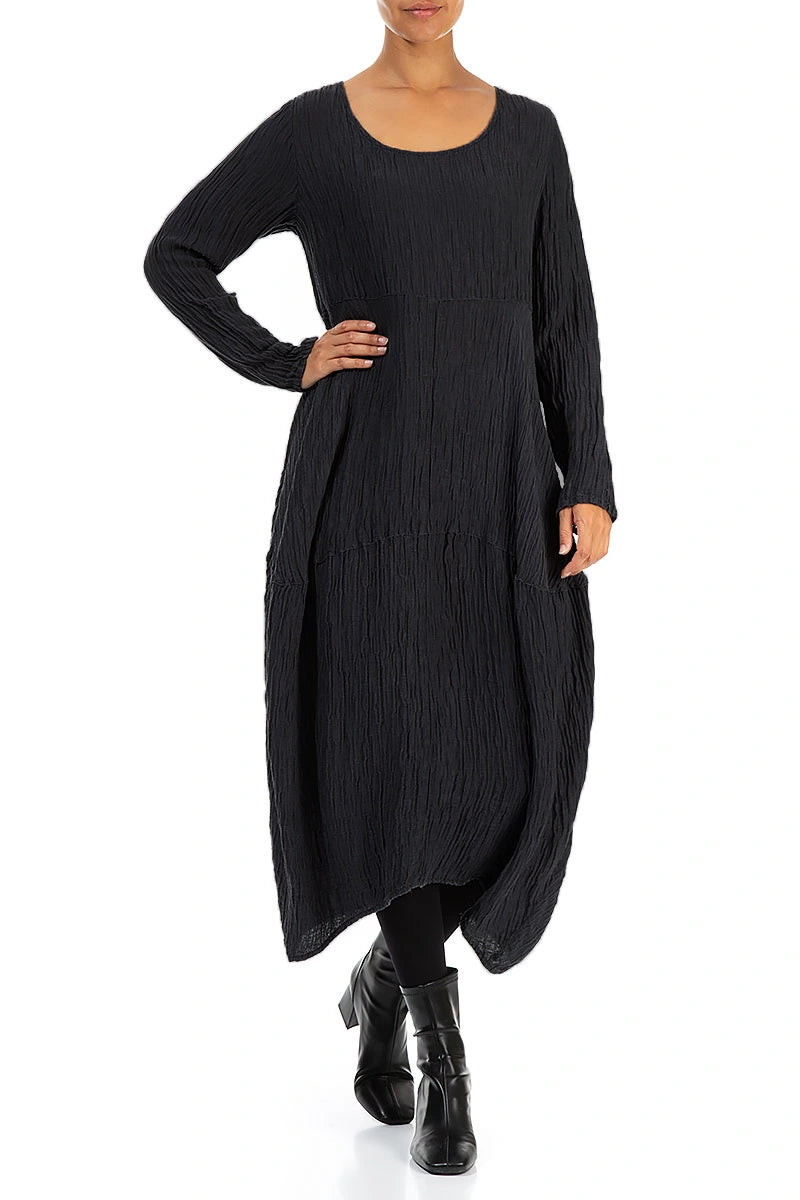 Balloon Crinkled Black Silk Dress 3