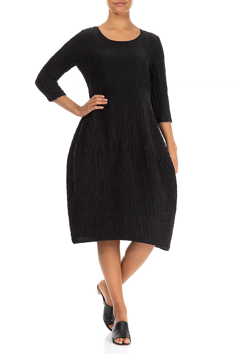 Balloon Crinkled Black Silk Linen Dress 4