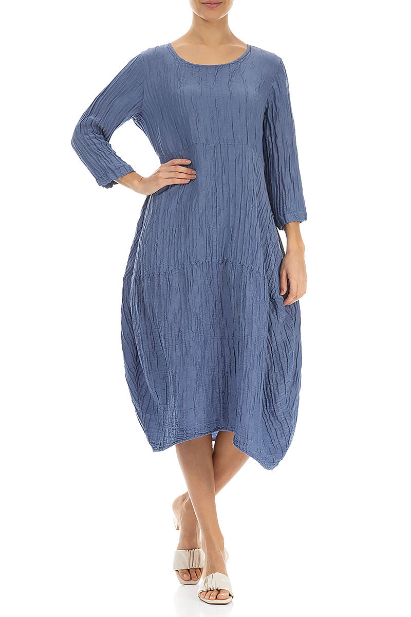 Balloon Crinkled Blue Nova Silk Linen Dress 4
