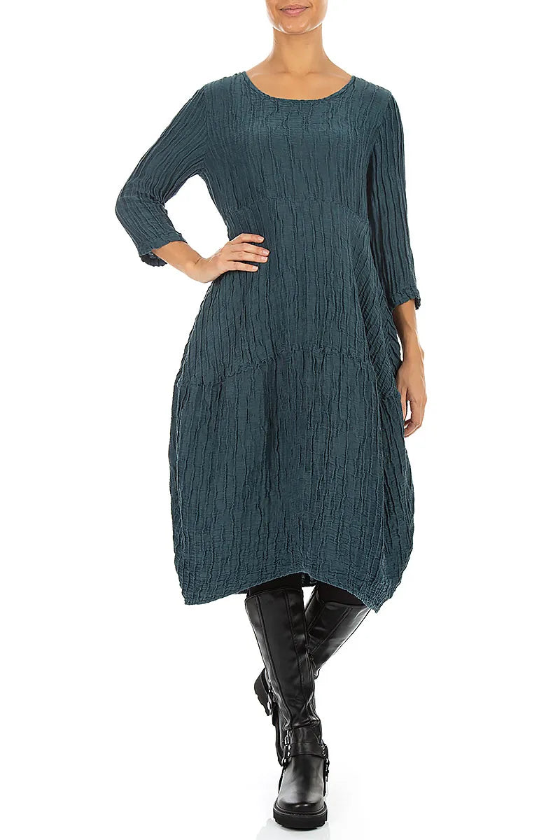 Balloon Crinkled Deep Turquoise Silk Linen Dress 4