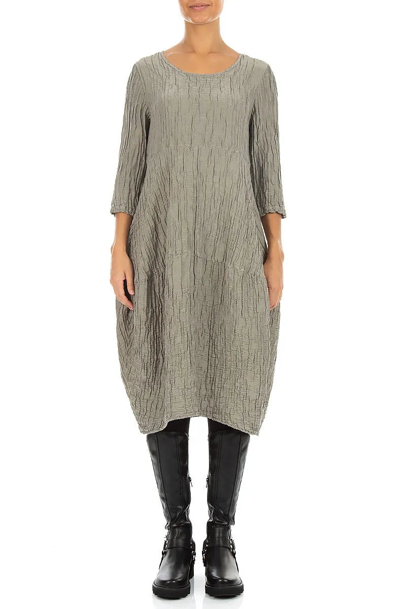Robe ballon en Soie et Lin Froissé gris olive
