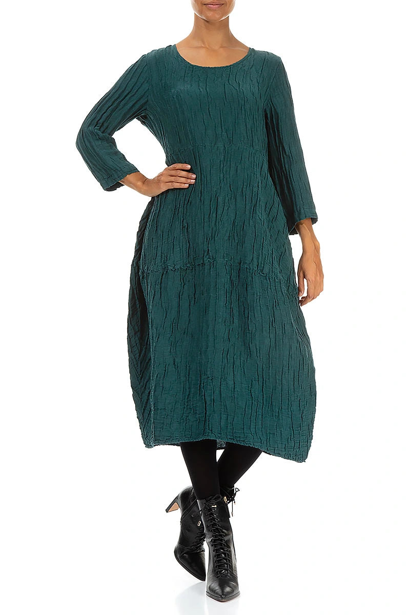 Balloon Crinkled Peacock Silk Linen Dress 4