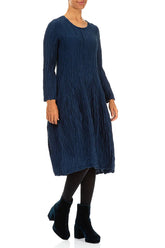 Balloon Crinkled Royal Blue Silk Linen Dress 3