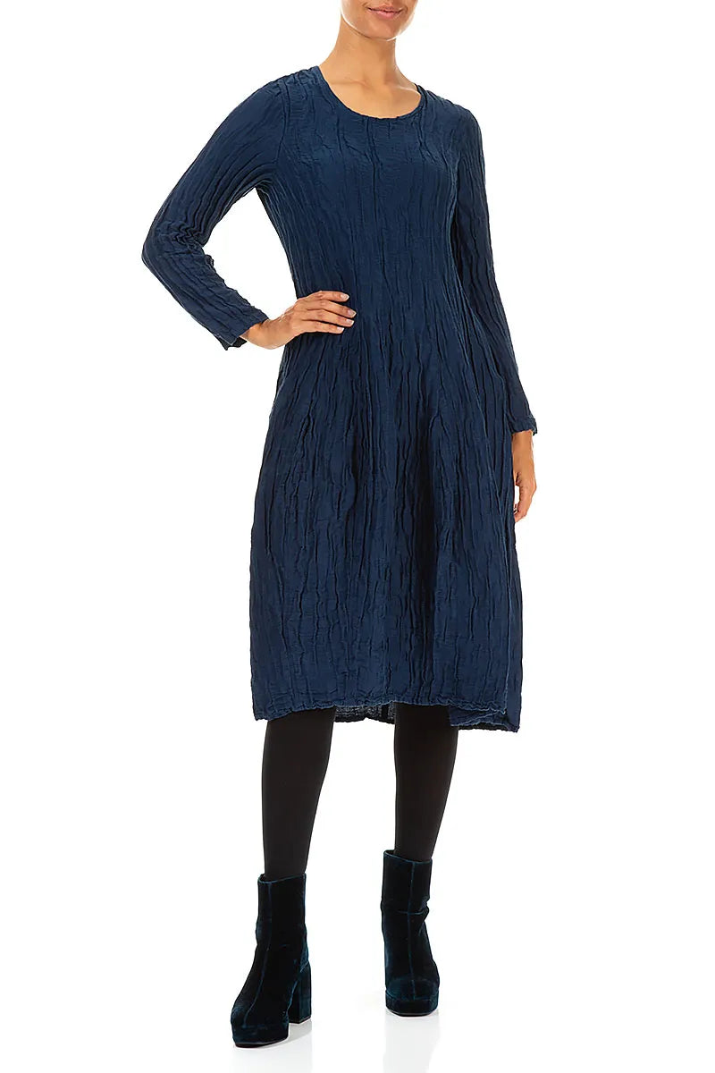 Balloon Crinkled Royal Blue Silk Linen Dress 4