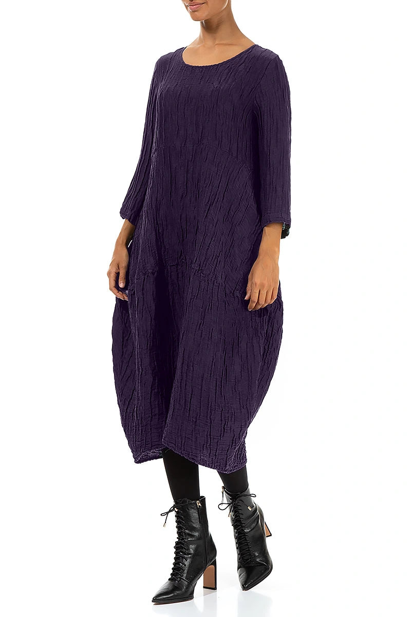 Balloon Crinkled Royal Purple Silk Linen Dress 3