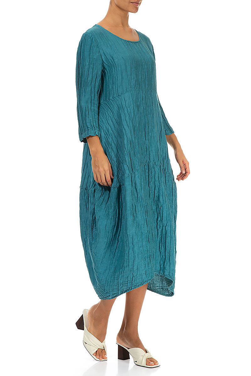 Balloon Crinkled Turquoise Silk Linen Dress 3