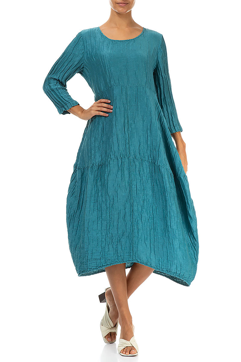 Balloon Crinkled Turquoise Silk Linen Dress 4