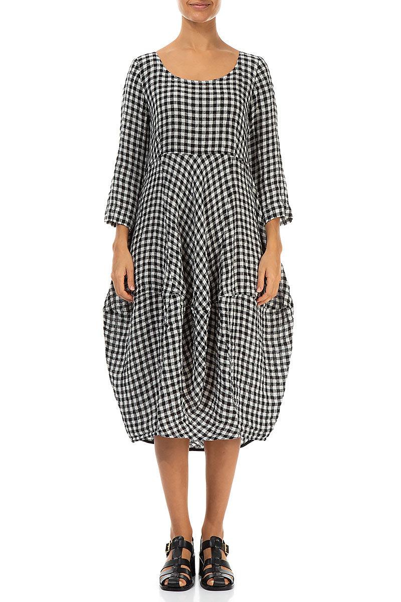 Balloon Cropped Sleeves Black & White Check Linen Dress 1