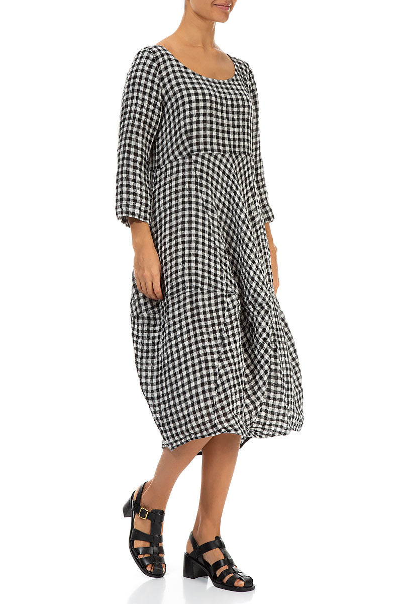 Balloon Cropped Sleeves Black & White Check Linen Dress 3