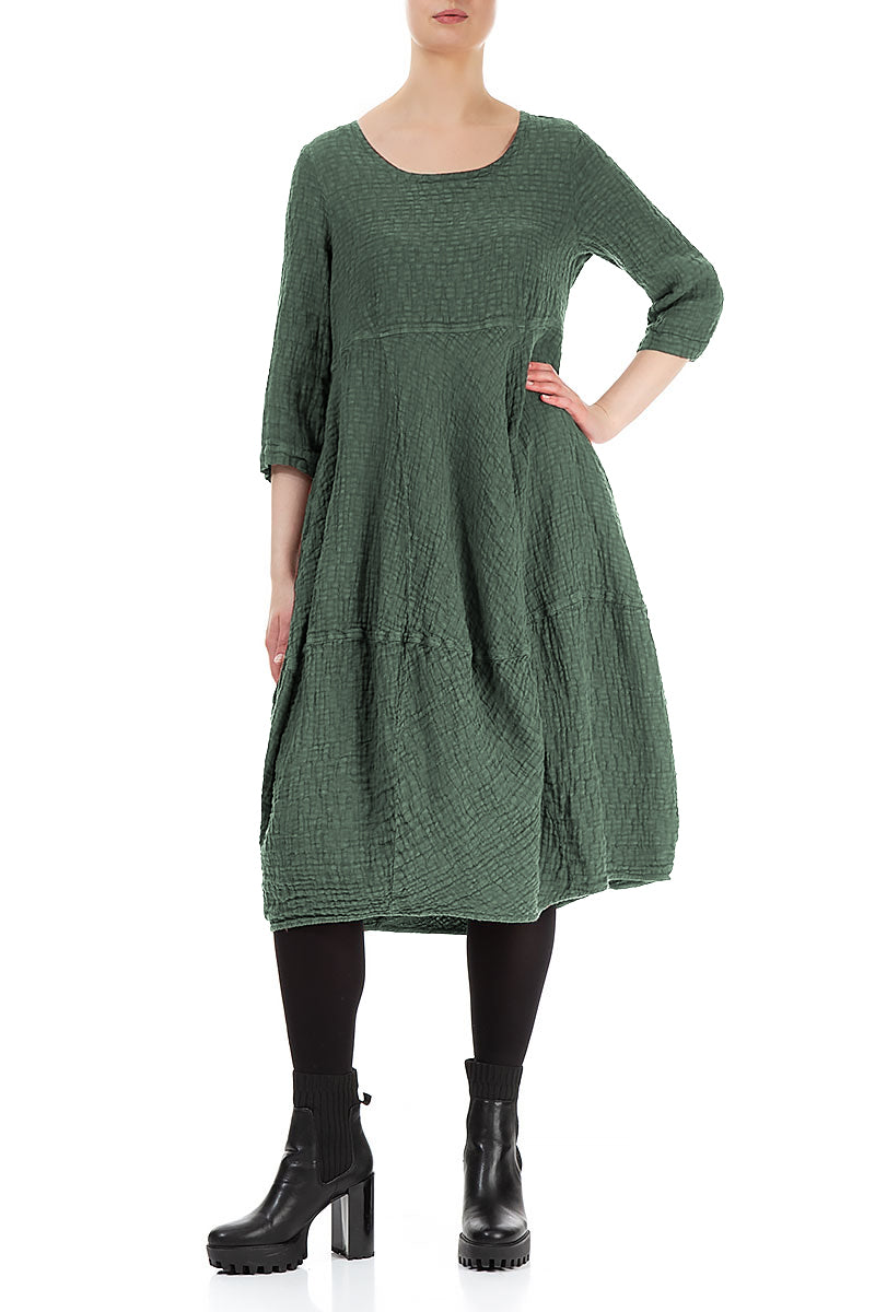 Balloon Cropped Sleeves Dark Sage Textured Linen Dress 4