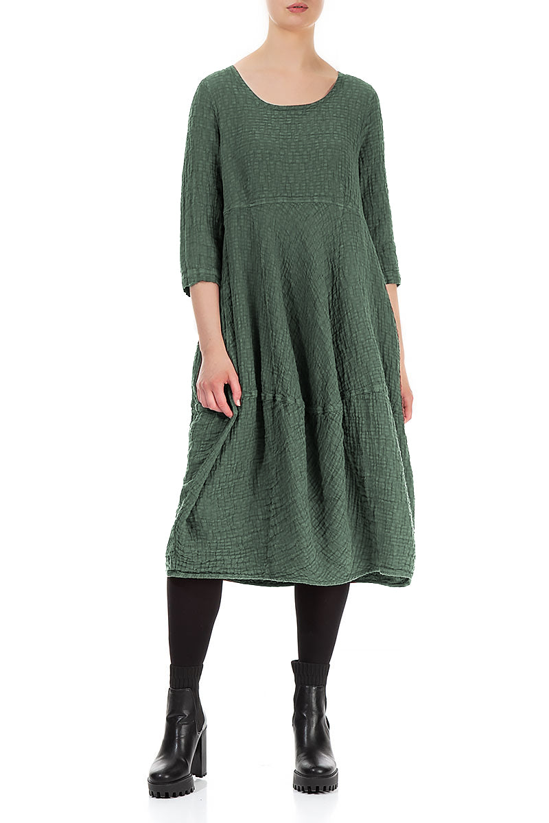 Balloon Cropped Sleeves Dark Sage Textured Linen Dress 3