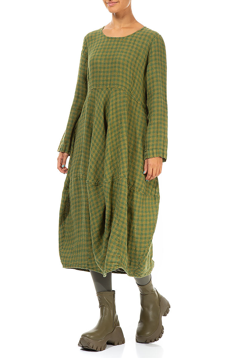 Balloon Green Check Linen Dress 3