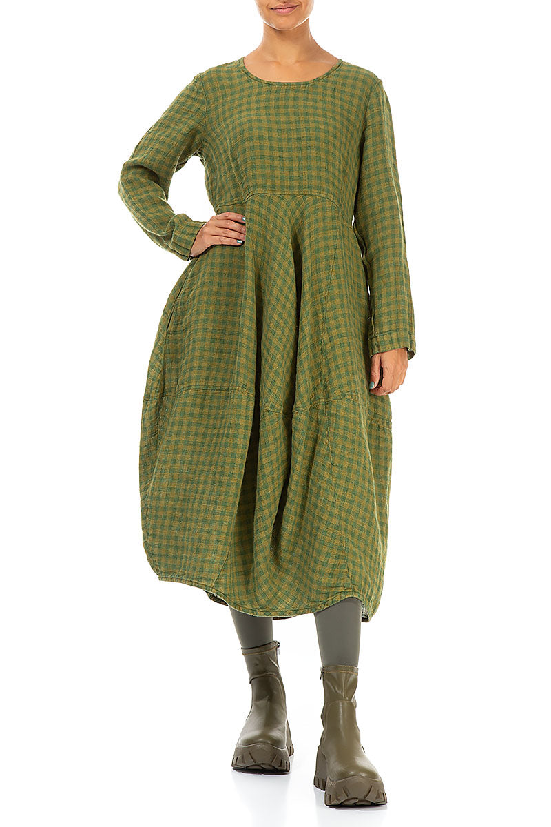 Balloon Green Check Linen Dress 4